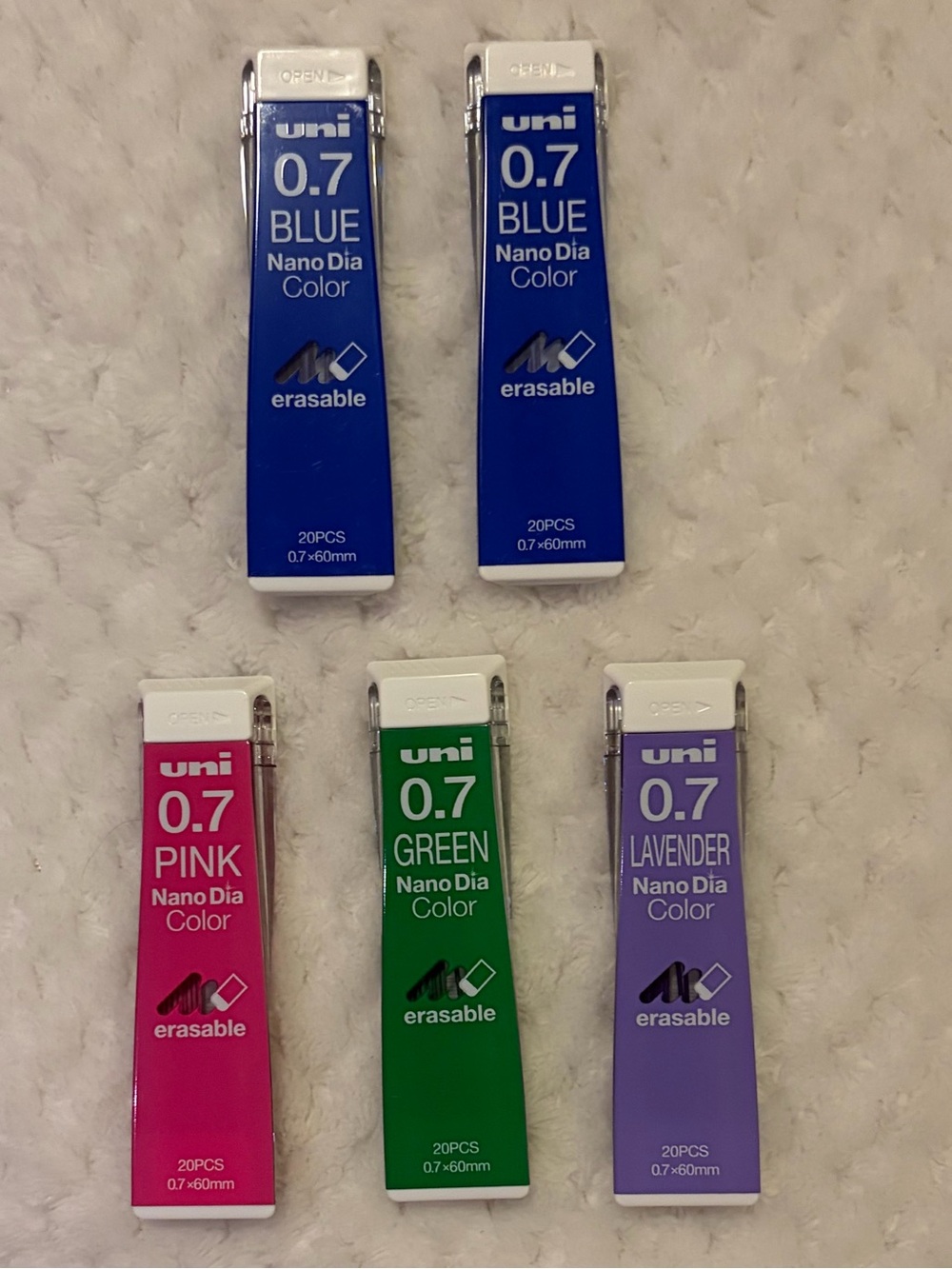 Uni 0.7mm Nano Dia Erasable Colored Lead - 2 Blue, Pink, Green and Lavender